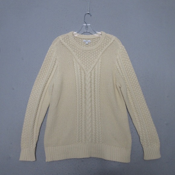 LL Bean Signature Sweater Women Beige Fisherman Cable Knit Cotton Classic NWT‎
